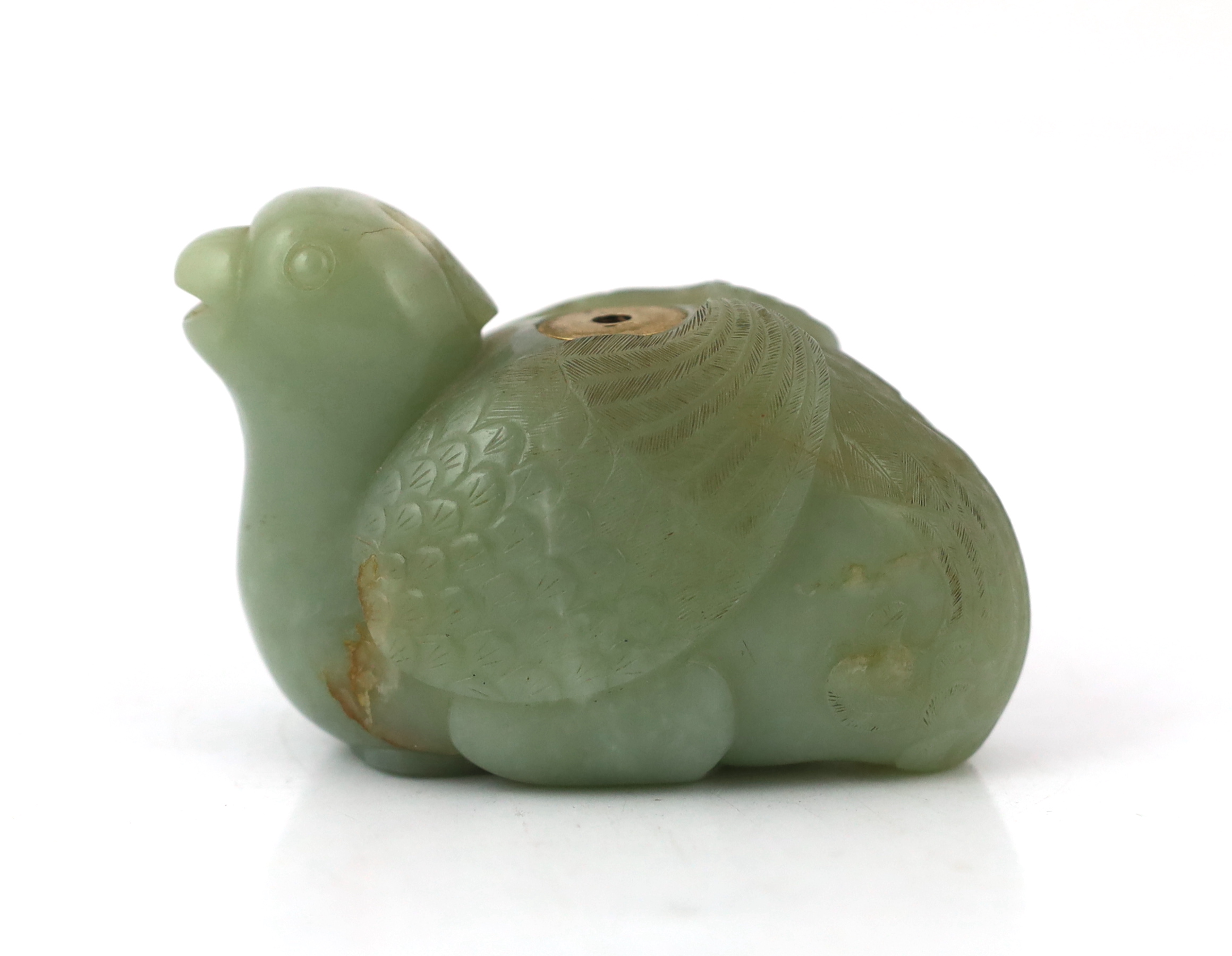 A Chinese celadon jade 'quail' waterdropper, 18th / 19th century